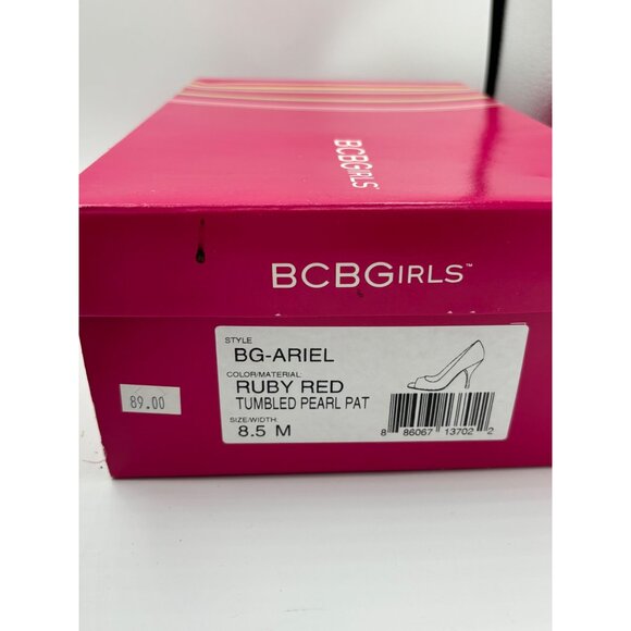 BCBGirls Ariel Ruby Red Tumbled Pearl Patent Leather Peep toe Stiletto Heels sz - Picture 14 of 16